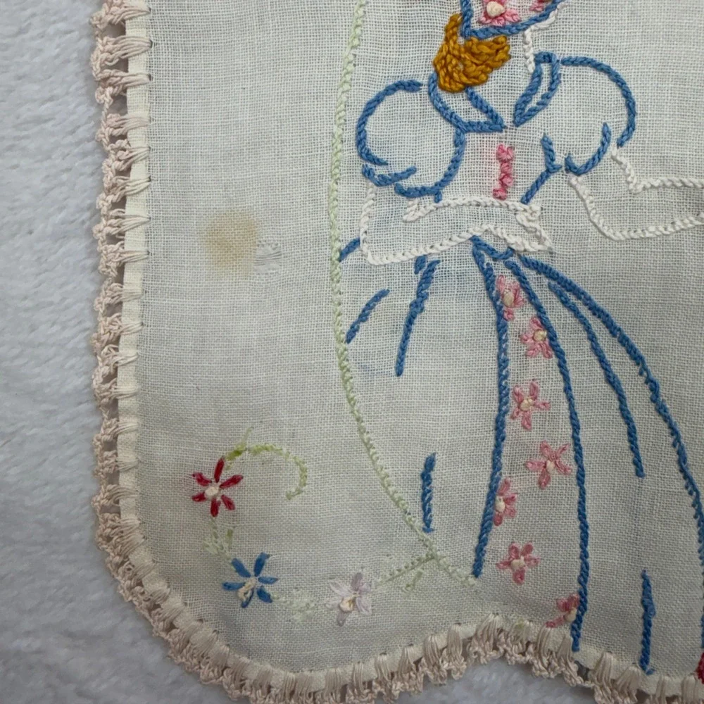 Vintage 35x10 Dresser Runner Hand Embroidered Floral Figures Cream Crochet Trim